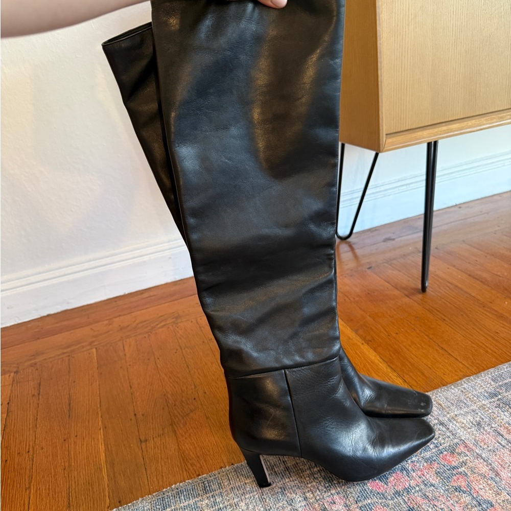 Reformation Black Knee-High Pointed-Toe Leather Boots